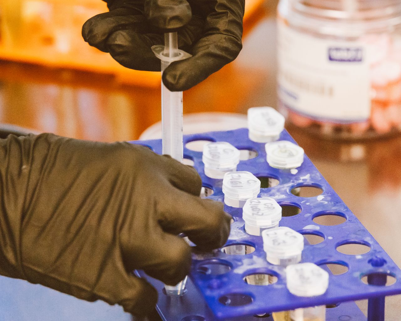 Close-up of gloved hands using syringe for precise work in a lab setting.